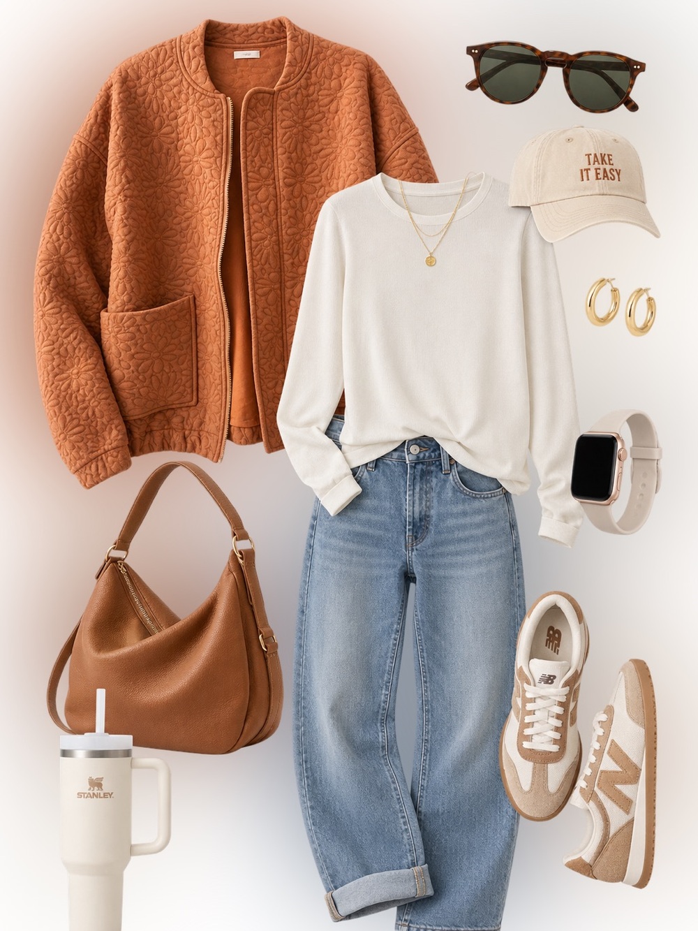 Quilted soft zip-up jacket in burnt orange M